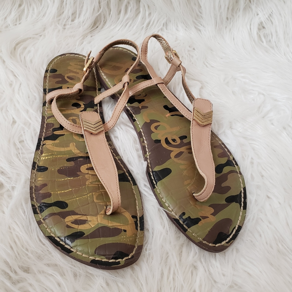 Sam Edelman Gigi2 Beige Camouflage Print Thong Sandals Flat Shoes Sz 8.5M